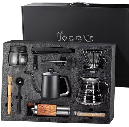 XQZMD Ensemble de café infusé à la main, ensemble d'outils de brassage de café multifonction portable avec papiers filtrants, kit de voyage pour l'extérieur, pique-nique (boîte cadeau 10 pièces)