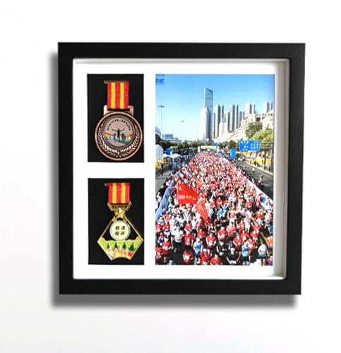 Medaillen-Vitrine, 2 Medaillen für Medaillen und Fotos, Marathon-Medaillenrahmen, Holz-Medaillen-Schattenbox, für Marathon, Militär, blauer Ball, Schwimmen, Medaillenrahmen (schwarz)