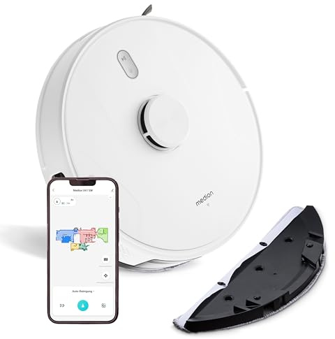 MEDION Saugroboter mit Lasernavigation und Wischfunktion X41 SW (Starke 8000Pa Saugkraft, 2in1 Roboterstaubsauger, präzise Kartenerstellung, Go & No Go Bereiche, mehrere Etagen)