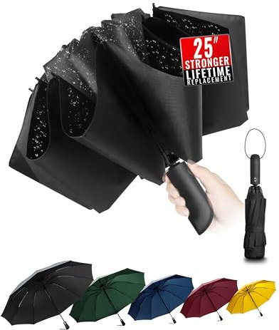 Conlun Kompakter Faltbarer Regenschirm sturmfest– mit Automatik windsicher schwarz faltet Sich nach innen für Herren, 210T Gewebe 127 cm Spannweite, 10 Knochenschirm groß Weihnachtsgeschenke