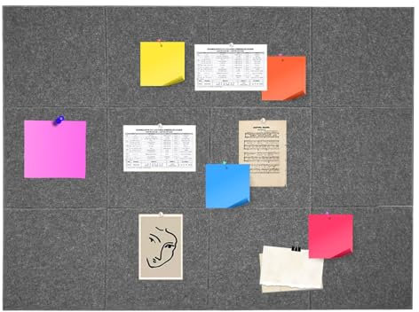 12 Stück Filz-Pinnwand 9 mm dick, Notiz-Pin-Wandfliesen mit Klebebändern, Wand Filz-Korkplatten für Fotos, DIY-Memoboard für Zuhause Küche Büro Schule (Grau)
