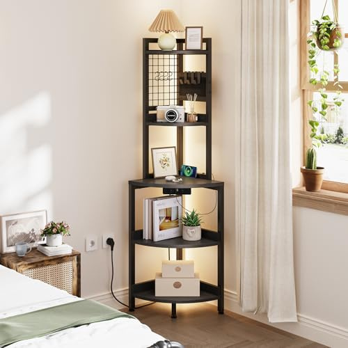 Dripex Eckregal 5 Ebenen mit Steckdosen, Bücherregal, Standregal mit LED Beleuchtung, Pflanzenregal, Aufbewahrungsregal für Wohnzimmer, Küche, Schwarz, 40x40x152cm
