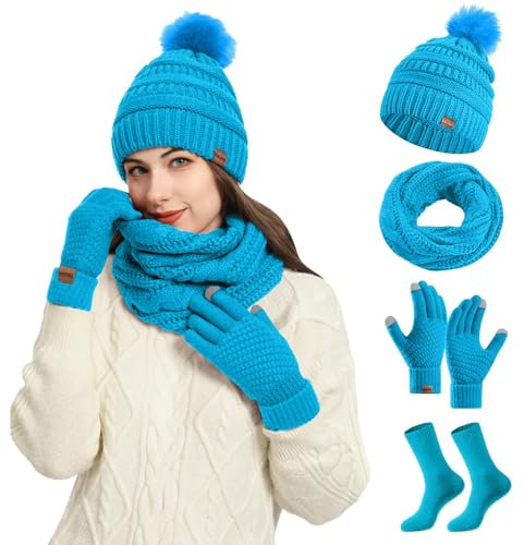 Damen Strick Wintermütze 4 Stücke Schal 2024 Handschuhe und Socken Set Winter Warme Strickmütze Schal Dicke Weihnachtsgeschenke Winterhandschuhe Thermo Gestrickte Socken 4 in 1 Winterzubehör