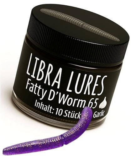 Libra Lures Fatty D`Worm 65mm | Forellenköder Supersoft | Inhalt: 10 Stück | Aroma: Knoblauch | Farbe: 020 / Purple with Glitter