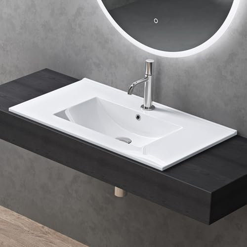 doporro Lavabo da Incasso Rettangolare 80 cm in Ceramica Bianco Lucido, Lavandino Integrato con Foro Rubinetto, Installazione su Mensola o Mobile Bagno Brüssel912