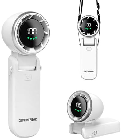 QSPORTPEAK Tragbarer Turbo Handventilator,Mini USB Ventilator mit 5 Geschwindigkeiten,Turbo-Mini-Ventilator mit 4000mAh Akku,Digitales Display,180° verstellbarer, für Reisen/Camping/Outdoor,Weiß