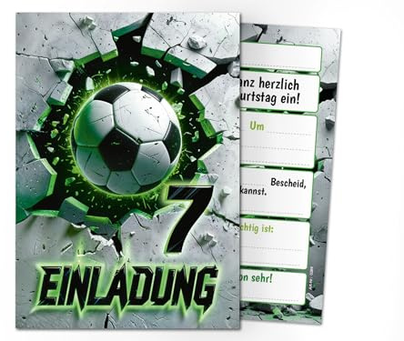 Junaversum 12 Einladungskarten zum 7. Kindergeburtstag Fußball Fussball Kinder Jungen coole bunte Einladungen siebte Geburtstag Geburtstagseinladungen Kids