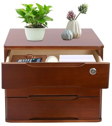 RjcdOPL Aufbewahrungsbox mit 3 Ebenen, mit abschließbarer Schublade, Schreibtisch-Organizer aus Holz, L 39 x T 30 x H 31 cm (Walnuss)