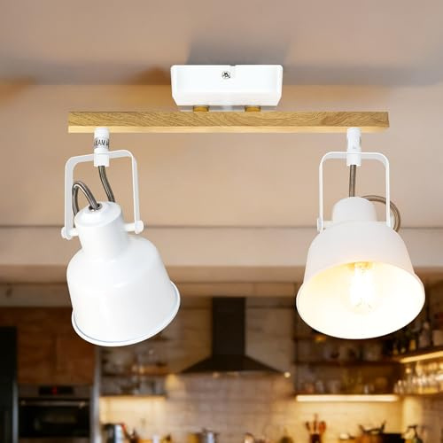 Aulaiyi Lámpara Techo Focos, 2 Focos Led Interior Techo Base E14, Apliques Techo Focos con madera Base Rectangular, 350° Giratorios Plafón Foco de Techo LED, Blanco (Sin Bombilla)