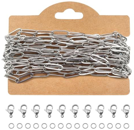 TOAOB 5M Gliederkette Silber Chain 4 mm x 14 mm Edelstahl Kette | 30 Sprung Ringe und 10 Karabiner, Kette Edelstahl für Halsketten, Kette für Verschlüsse Schmuck