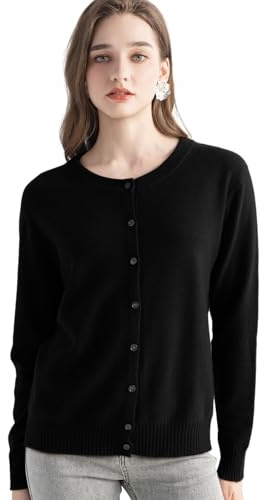 Chanyarn Femme 100% Pur Cachemire Gilet 2025 Automne Hiver Col Ras du Cou Doux Chaud Manches Longues Cardigan en Tricot (Black,M)