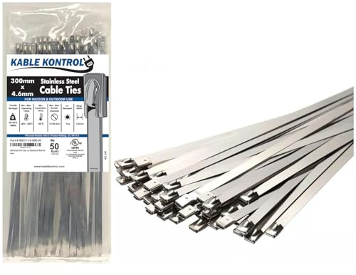 Kable Kontrol 50 Pcs Metal Cable Ties 300 mm x 4.6 mm, 12 Self Locking Stainless Steel Zip Tie 304 Steel Wrap, for Industrial and Home Use