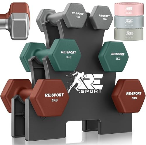 RE:SPORT® Hantel-Set 3 Paar, 1kg - 5kg, 12kg oder 18kg mit Ständer & 3x Fitnessbänder | Rutschfeste Neopren Kurzhanteln für Damen & Herren | Hanteln Hantelset (Eisblau/Petrol/Terracotta, 18 kg)