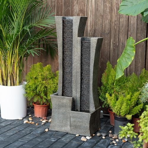Modern Indoor/Outdoor Cascading Water Fountain with LED Lights - 2-Curved Column Floor-Standing Garden Waterfall for Patio, Backyard, Porch, Deck, Home Décor