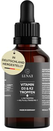 Lunae Nutrition Vitamin D3 K2 Tropfen - mit 99,7+% All-Trans (K2VITAL® von Kappa) - 25 µg D3 & 20 µg K2 pro Tropfen - in MCT-Öl - vegan, laborgeprüft & in Deutschland hergestellt - 50 ml