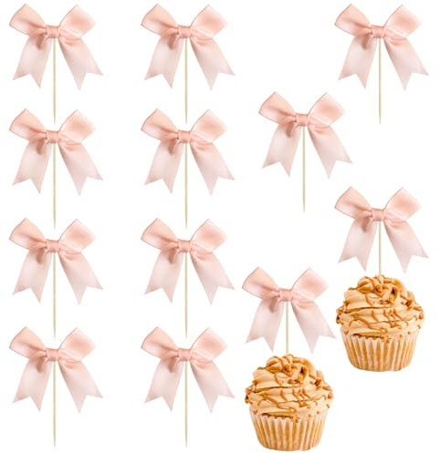 Ephlyn 24Pcs Pink Bow Cupcake Toppers Pink Bow Cake Topper Birthday Decorations, Mini Bowknot Cupcake Picks for Coquette Theme Party Decoration Bachelorette Bridal Engagement Wedding Party Dark Pink