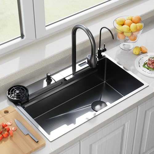 Smart Waterfall Kitchen Sink 33 Inch, Black Stainless Steel Workstation Sink with Digital Display Faucet, Drop In Single Bowl Kitchen Sink with Accessories, Modern Deep Kitchen Sink