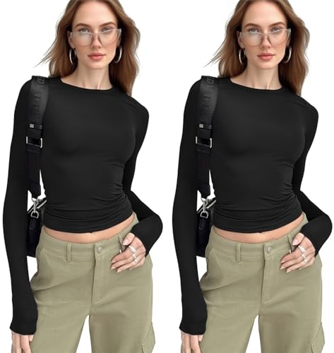 Women's Long Sleeve Tops, Scoop Neck Basic Tops, Slim Fitted Crop Top, Basics Clothing T-Shirt for Women Ladies (UK, Alpha, S, Regular, Regular, Black)