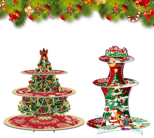 Lot de 2 supports à gâteaux de Noël en carton à 3 étages pour cupcakes, fêtes, anniversaires, mariages