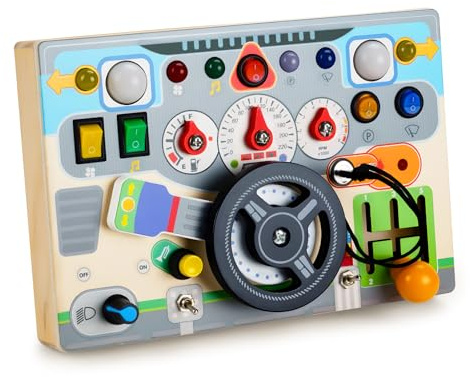 Jellybibo Montessori Busy Board Activity Board, Wooden LED Light Busy Board, Montessori Sensory Toy with Simulated Steering Wheel & Ignition Sound for 2 Year Old