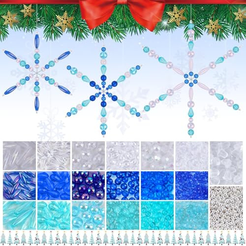 Kalolary 1314 Stück Weihnachtsschneeflocken Drahtperlen Set | Weihnachts Metallschneeflocken Perlen Ornament 24 Stück Metallschneeflockendraht mit Blau Weißen Perlen Bastelset DIY