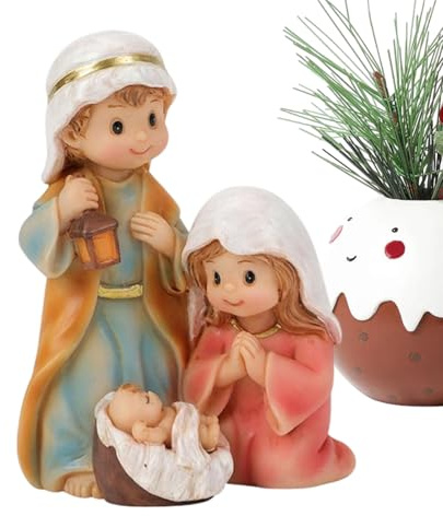 Sagrada Familia staty - Harts juldekorationsfigur, tecknade figurer av den heliga familjen, harts juldekorationer, set med krubba | | Birthmien-statyn