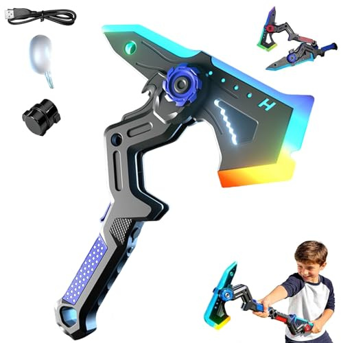 2-in-1 Deformable Mechanical Sword Axe,with 7Color Change LED Light-up Blades & Spray Mist Sound Effects,Transformable Light Up Axe Sword Toy Creative Cosplay Prop for Boys (A)