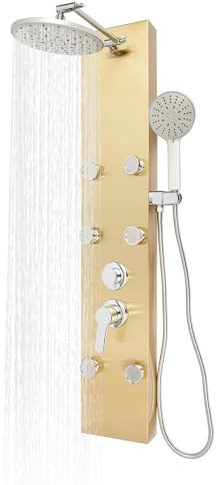 Duschsystem, 110 x 20 x 6,7 cm badrumduschset, väggmonterad duschpanel, duschset, huvuddusch och handdusch för badrum i privata hushåll, hotell (guld)