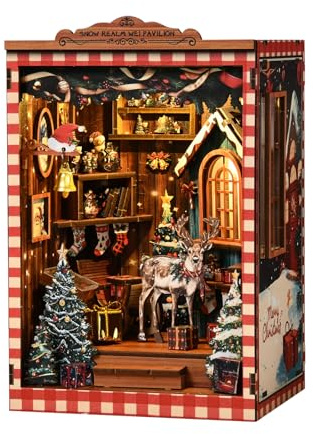 PEWOREAL DIY book nook, bookend made of wood and 3D puzzle with LED light, craft set adults, book nook kit (snow kingdom white pavilion)