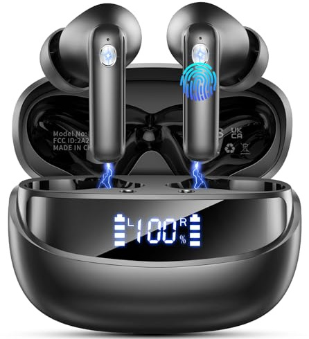 Nuovo Cuffie Bluetooth 5.4, Auricolari Bluetooth Stereo HiFi Con 4 ENC Microfoni Anti-Rumore, Durata 50 Ore Cuffiette In Ear, Cuffiette Touch Control, Impermeabili IP7 Cuffie Senza Fili, LED-Display