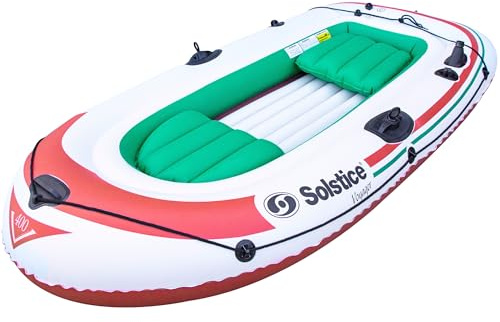 Solstice Voyager 4-Person Inflatable Fishing Boat with Dual Swivel Oar Locks and Rod -Holder, Motor Compatible 9' x 5'