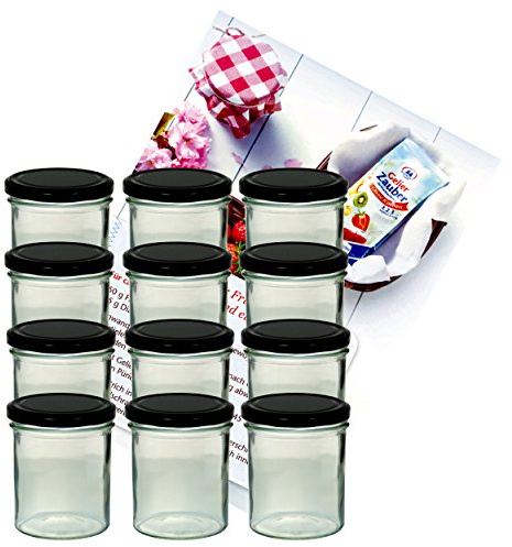 MamboCat 12er Set Sturzglas 350 ml Marmeladenglas Einmachglas Einweckglas to 82 schwarzer Deckel incl. Diamant-Zucker Gelierzauber Rezeptheft