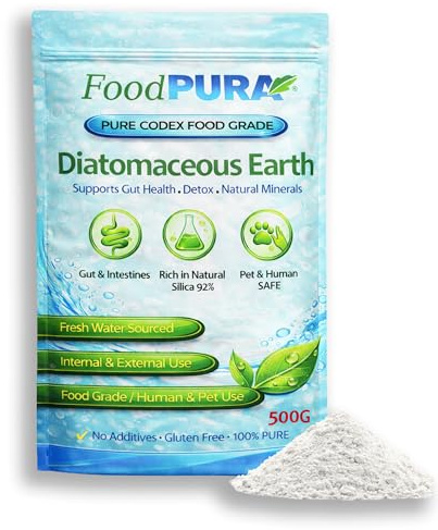FoodPURA 500G CODEX Food Grade White Diatomaceous Earth – Freshwater Sourced Peruvian DE – Ultra Fine Natural Silica Powder – Human Food Grade – Resealable pouch - Rich in 92% Good Natural Silica
