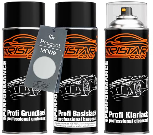 TRISTARcolor Autolack Spraydosen für Peugeot MON9 Bianco Perla Nacre +1K | Perlmutt Weiss Nacre, Set aus Grundlack + Basislack + Klarlack, Sprühdosen 400ml