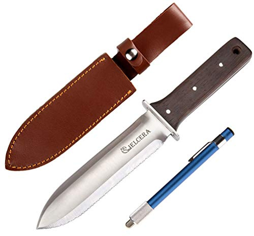 CIELCERA 12 Hori Hori Garden Knife (Right Serrated Blade) with Free Diamond Sharpening Rod, Ideal Gardening Digging Landscaping Weeding Tool, with Thick Sheath and a Fine Gift Box