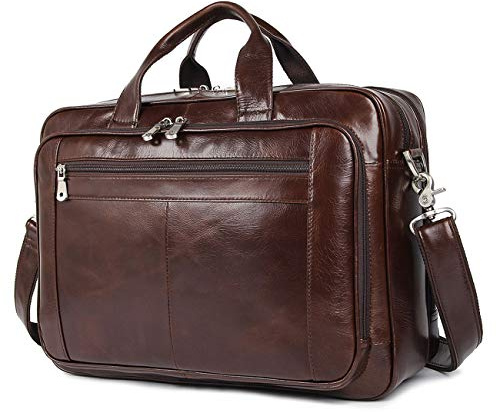 Augus Leather Briefcase for Men 15.6 Inch Laptop Bag Waxed Leather Business Travel Large Capacity YKK Zipper, Coffee Brown