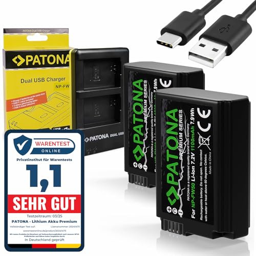 PATONA Set - Dual Ladegerät USB-C mit 2X NP-FW50 Premium Akku, 1100mAh | Kompatibel mit Sony Alpha 7 7R 7II 7S A5000 A6000 A6300 A6400 A6500 ZV-E10 DSC RX10 Mark II III IV RX1R III DSC-RX1RM3