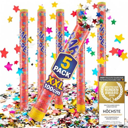 GOODS+GADGETS® Konfettikanone XXL 100cm 5er-Set Bunt 8m Party Popper | Unvergesslicher Wow-Effekt für jede Party, bis 8m Schusshöhe, 5 bunte Konfettibomben XXL, Premium Metallic-Folienkonfetti