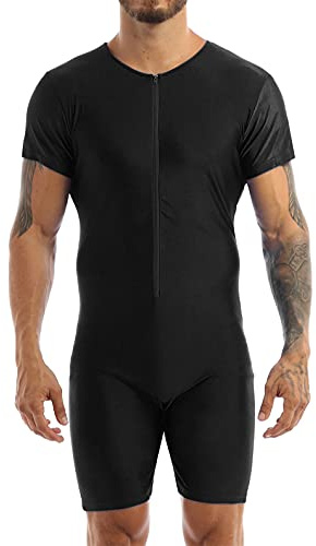 Freebily Herren Body Kurzarm Overall mit Reißverschluss Elastisches Sportbody Jumpsuit Tanz Training Bodysuit Turnanzug Ganzanzug