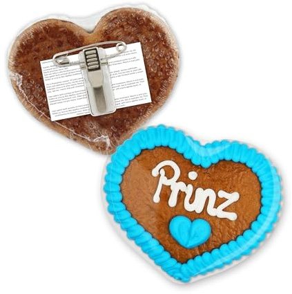 Lebkuchenherz liebevoll gebacken mit Anstecker und Spruch Prinz, 8 cm | LEBKUCHEN WELT Wiesn & Oktoberfest Anstecker | Tracht Anstecker & Oktoberfest Accessoires | Mini Lebkuchen Herz – Give-away