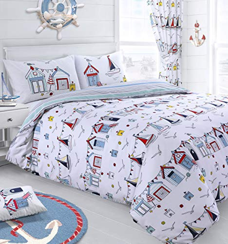 Velosso Nautical Seaside Boats Beach Hut Sail Reversible Duvet Cover & Pillowcase Bedding Set (King)