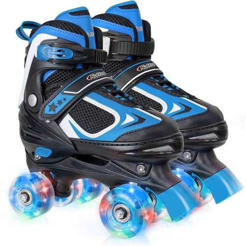 Nattork Kinder Rollschuhe für Jungen Mädchen Kinder - Blau für Jugendliche Alter 10 11 12-4 Größen einstellbar Quad Skates mit Allen Licht bis Räder - Indoor Outdoor Sport