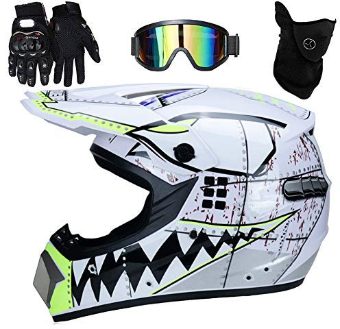 UIGJIOG Motocross Helm mit Brillen Maske Handschuhe, Herren Damen Motorrad-Helm Off-Road Downhill-Enduro-Helm-ATV-MTB-BMX Dirt Bikes Quad Motorräder Full-Face Schutz-Helm,B,L(56~57cm)
