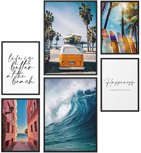Papierschmiede® Mood Poster Set Surfing, Gerahmte Bilder (Rahmen: Material und Farbe wählbar), Wohnzimmer Deko Schlafzimmer, 2x DIN A4 und 4X DIN A5, Strand Beach Surfbrett Palmen