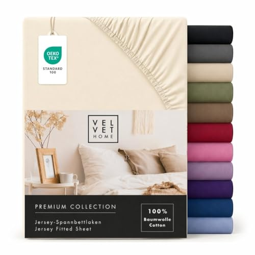 VelvetHome Spannbettlaken 200x200 cm 100% gekämmte Baumwolle, Jersey Spannbetttuch für Matratzen bis 25 cm Höhe, Oeko-Tex Zertifiziert, bügelfrei, elastisch, atmungsaktiv, weich, Ecru