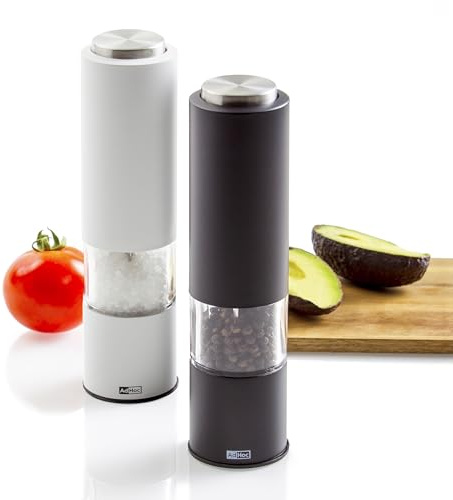 AdHoc Tropica Elektrische Pfeffer- & Salzmühlen, 2er Geschenkset | Mit CeraCut Keramikmahlwerk, LED-Licht, Aromaschutzkappen, stufenlos verstellbar fein bis grob, Schwarz & Weiß