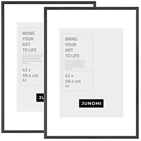 JUNOMI® 2er Set Bilderrahmen DIN A2 (42x59,4 cm) Holz | Farbe Schwarz | Posterrahmen mit bruchsicherem Acrylglas | Hoch- & Querformat zur Wandmontage, schmales Profil