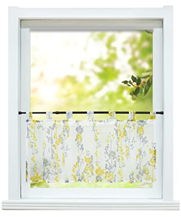 ESLIR Scheibengardine Modern Bistrogardine Küche Gardinen Transparent Vorhänge mit Schlaufen Kurzgardine Voile mit Bäume-Motiven Muster Gelb HxB 45x90cm 1 Stück