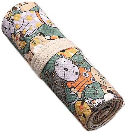 Anawakia Wrap Leinwand Stifterolle Bleistift Wrap Tragbar Stifterolle Bleistifthalter Reise Stiftehalter Buntstifte Federmäppchen Roll-up Mäppchen Tasche Organizer (Katze,36 Slots)