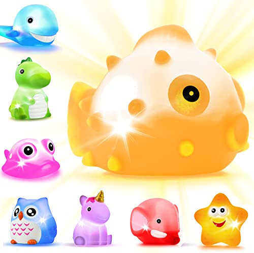 Badespielzeug mit LED, 8 Stück Schwimmendes Badewannentierchen Bad Spielzeug Set für Baby Kleinkinder Kinder Vorschule in Badewanne Pool Badezimmer Schwimmbad Party